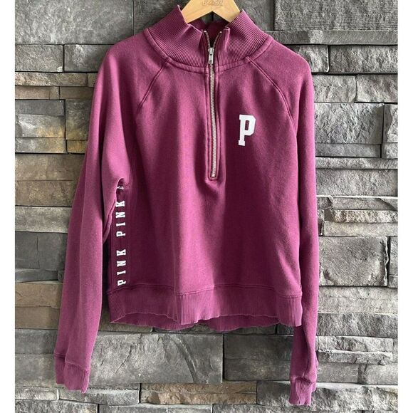 Victoria's Secret Pink 1/4 Zip Hooded Mock Neck Pullover Sweatshirt Burgundy XS‎ - Picture 1 of 3